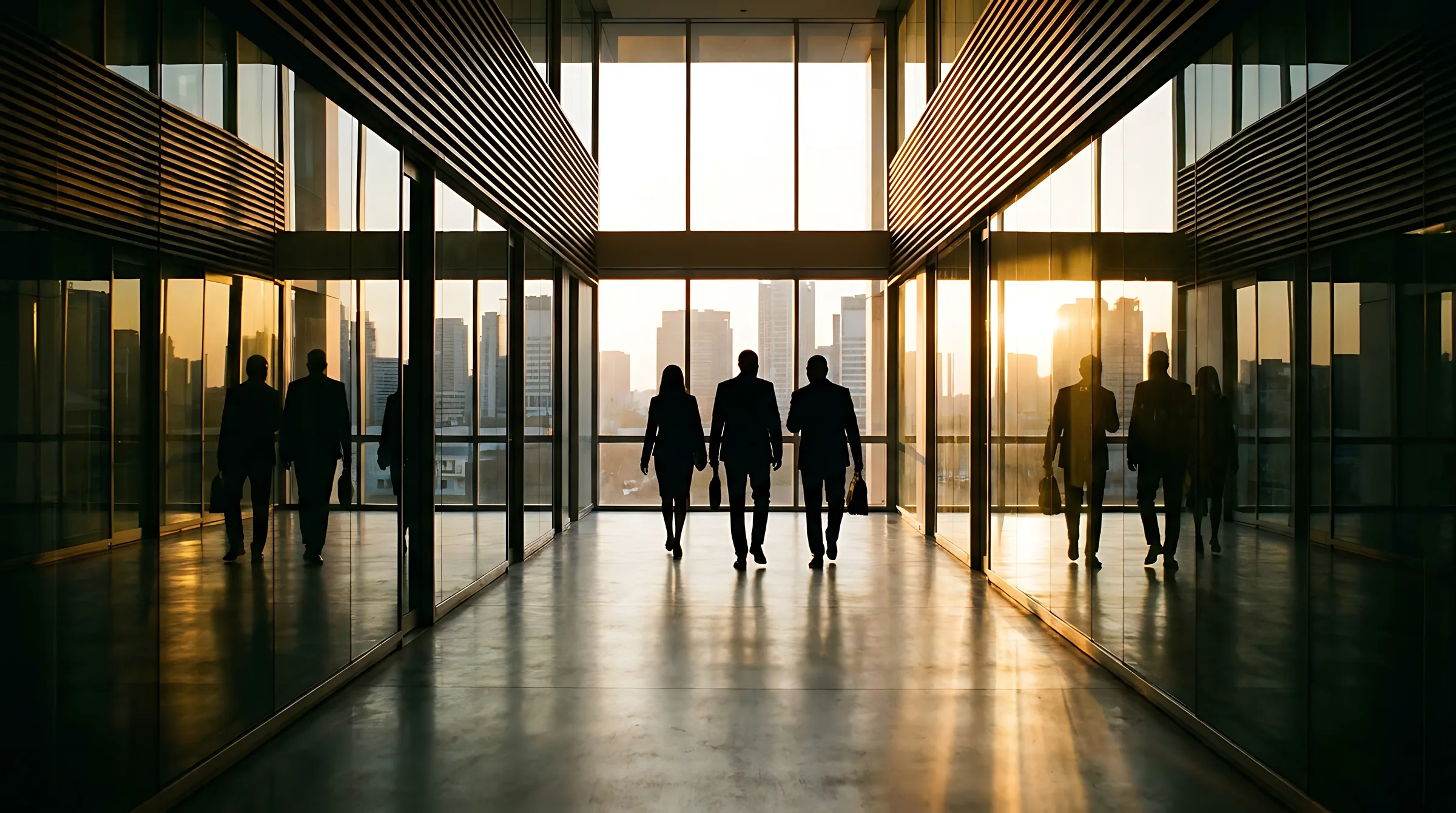 Team walking through an office building